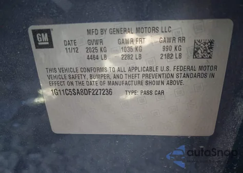 2013 Chevrolet Malibu 1Lt из США, поврежденный, VIN 1G11C5SA8DF227236